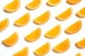 Citrus jelly slices in sugar. marmalade slices of oranges isolated on a white background. repeating pattern, top view, flat lay.