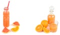 Citrus juice, oranges and grapefruit pieces isolated on white background. Collage. There is space for text Royalty Free Stock Photo