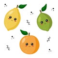 Kawaii citruses. Cute cartoon fruits with funny kawaii faces. Lemon, orange and lime. Vector illustration in flat style. Royalty Free Stock Photo