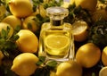 Citrus lemon perfume fragrance bottle on top of ripe yellow lemons.Macro.AI Generative
