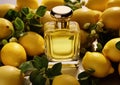 Citrus lemon perfume fragrance bottle on top of ripe yellow lemons.Macro.AI Generative