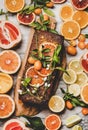 Citrus Mediterranean flourless vegan loaf cake with oranges, grapefruits, lemons