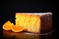 Citrus orange cake bakery with sugar powder on bark backdrop