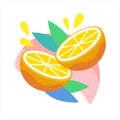 Citrus orange fruit icon with juicy drops and leaves. Orange half cutted Royalty Free Stock Photo