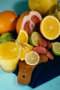 Citrus, oranges, lemons, limes, grapefruit, pomelo on vintage bo Royalty Free Stock Photo