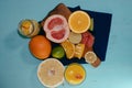 Citrus, oranges, lemons, limes, grapefruit, pomelo on vintage bo Royalty Free Stock Photo