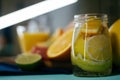 Citrus, oranges, lemons, limes, grapefruit, pomelo on vintage bo Royalty Free Stock Photo