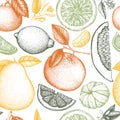 Vector Seamless Pattern With Ink Hand Drawn Citrus Fruit, Flowers, Slice And Leaves Sketch. Vintage Background With Exotic Plants.