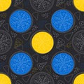 Citrus fruit slices of lemon, orange on a black background. Seamless cute modern pattern. Royalty Free Stock Photo