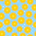 Citrus round piece. Lemon and orange Seamless pattern. Vector illustration on blue polka dot textured