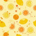 Citrus seamless pattern: isolated lemons and oranges with blots on a light background. Flat vector.