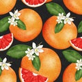 Citrus set. Seamless paints grapefruit pattern on black background. For textiles and fabric