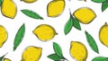 Citrus sketch pattern. Summer lemon background. Botanical vintage grunge citric seamless texture. Vector fruits and