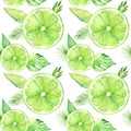Citrus slice fruits watercolor hand drawn pattern. Orange, lemon, lime isolated on white background. For the design of Royalty Free Stock Photo