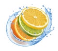 Citrus slices mix with water splash isolated on white background Royalty Free Stock Photo