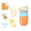 Citrus Smoothies of orange, nuts and a banana for a healthy diet. Cocktail in a glass jar. Cocktail for energy and diets Royalty Free Stock Photo