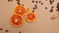 Citrus and spicy background with coffee beans and spices, warm ochre background