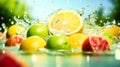 Cross section of fruits in water splashes on a tropical backdrop.