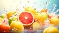 Cross section of fruits in water splashes on a tropical backdrop.