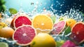 Cross section of fruits in water splashes on a tropical backdrop.