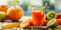 Citrus Symphony: A Vibrant Glass of Orange Juice Surrounded by Fresh Fruits and Vegetables Royalty Free Stock Photo