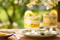 Citrus tiramisu with lemons and oranges decorated with edible flowers on blurred garden background