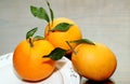 Three sweet oranges with fresh leaves placed on a plate and on the table.