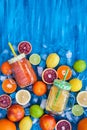 Citrus vitamin juice with fresh fruits around Royalty Free Stock Photo