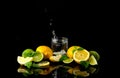 Citrus water with lemon, lime and ice in a glass on a black background. Splash. Copy space. Royalty Free Stock Photo