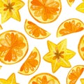 Citruses and carambola drawings seamless pattern. Summer fruits mix texture.