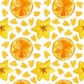 Citruses and carambola drawings seamless pattern. Summer fruits mix texture.