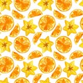 Citruses and carambola drawings seamless pattern. Summer fruits mix texture.