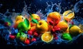 Citruses, plums and cherries in the fresh water splashes. Freshness and healthy lifestyle concept. Generative AI Royalty Free Stock Photo