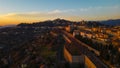 Citta Alta - Bergamo, Italy. Drone aerial view of the old town during sunrise. Landscape at the city center, its Royalty Free Stock Photo