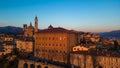 Citta Alta - Bergamo, Italy. Drone aerial view of the old town during sunrise. Landscape at the city center, its Royalty Free Stock Photo