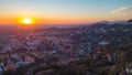 Citta Alta - Bergamo, Italy. Drone aerial view of the old town during sunrise. Landscape at the city center, its Royalty Free Stock Photo