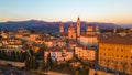 Citta Alta - Bergamo, Italy. Drone aerial view of the old town during sunrise. Landscape at the city center, its Royalty Free Stock Photo