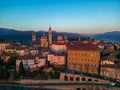 Citta Alta - Bergamo, Italy. Drone aerial view of the old town during sunrise. Landscape at the city center, its Royalty Free Stock Photo