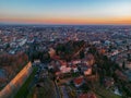 Citta Alta - Bergamo, Italy. Drone aerial view of the old town during sunrise. Landscape at the city center, its Royalty Free Stock Photo