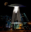 City, abduction and man with UFO, spaceship and galaxy mission with invasion, science fiction and futuristic Royalty Free Stock Photo