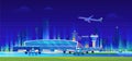 City airport at night vector illustration. Cartoon flat airport terminal modern building, airplanes waiting flight