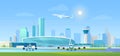 City airport vector illustration, cartoon flat modern cityscape with business skyscrapers, airport terminal building and