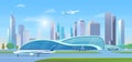 City airport vector illustration, cartoon flat airport terminal modern creative building, airplanes waiting flight