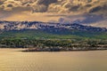 City of Akureyri with snowy mountains and fjord Eyjafjordur in northern Iceland