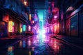 City alleyway with neon lights. Night view of a quiet street. Generative AI