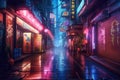 City alleyway with neon lights. Night view of a quiet street. Generative AI