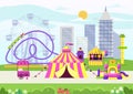 City amusement park with circus, carnival festival and carousel wheel, vector illustration. Fun entarteinment at flat Royalty Free Stock Photo