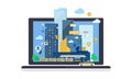 City andscape on laptop computer screen, skyscraper buildings, cityscape vector Illustration on a white background Royalty Free Stock Photo