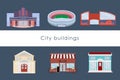 City architecture. Buildings for city streets: cinema, stadium, shopping center, theater, coffee shop, museum, illustration