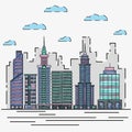 City architecture skyline vector illustration in thin line flat design. Cityscape and urban landscape graphic concept Royalty Free Stock Photo